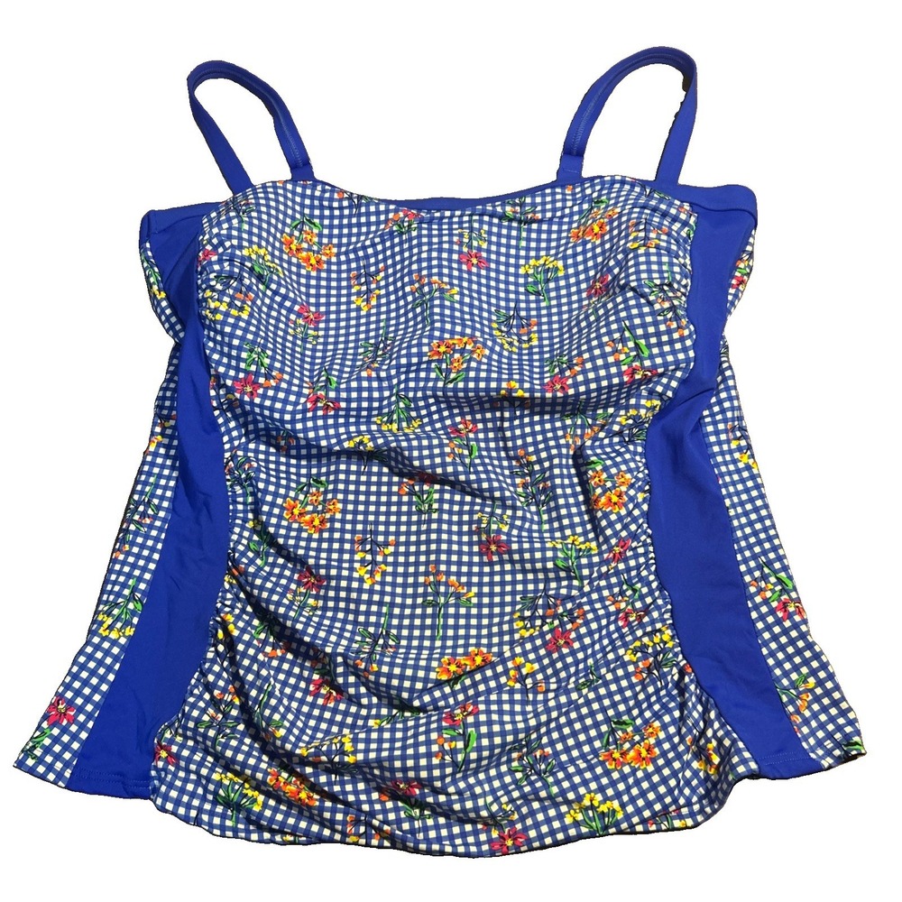 Lands' End Women's Size 14 Tankini Top Blue/White Gingham Floral  Built Bra